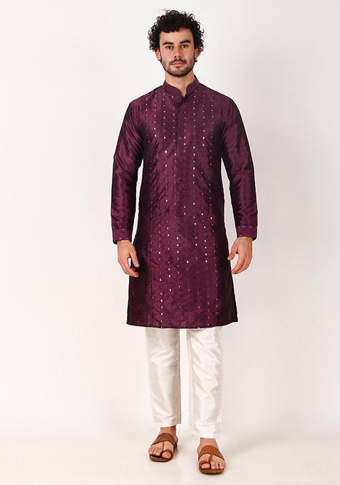 Purple Mirror Work Art Silk Kurta Set For Men