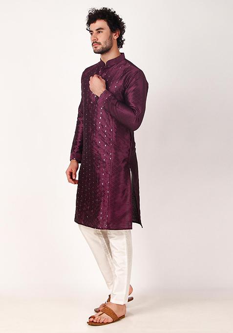 Purple Mirror Work Art Silk Kurta Set For Men