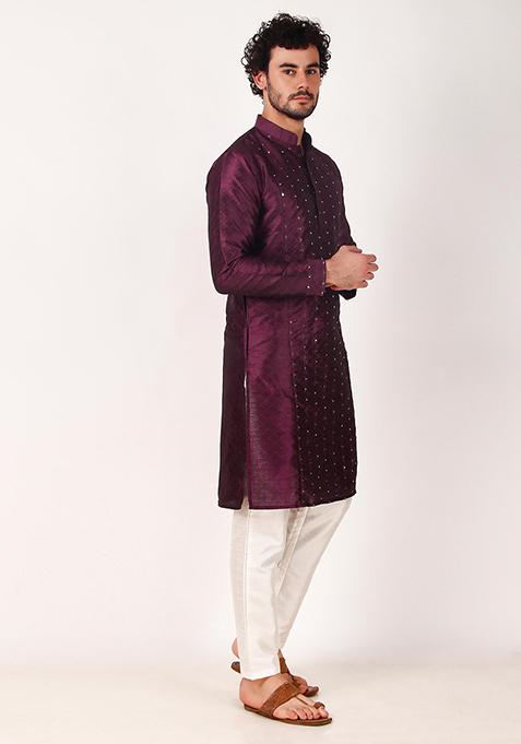 Purple Mirror Work Art Silk Kurta Set For Men