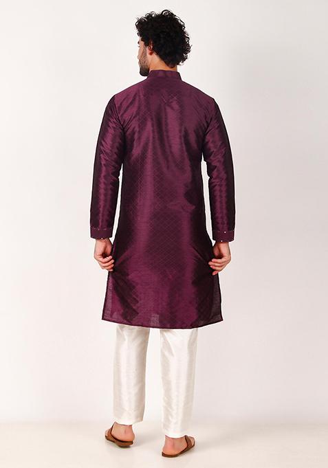 Purple Mirror Work Art Silk Kurta Set For Men