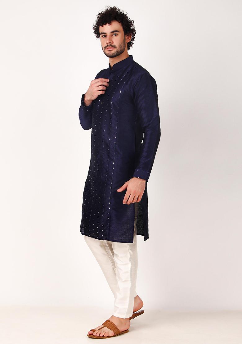 Navy Blue Mirror Work Art Silk Kurta Set For Men