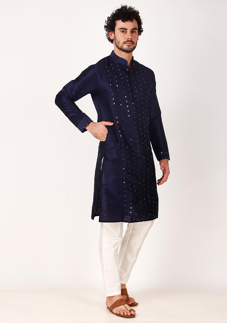Navy Blue Mirror Work Art Silk Kurta Set For Men