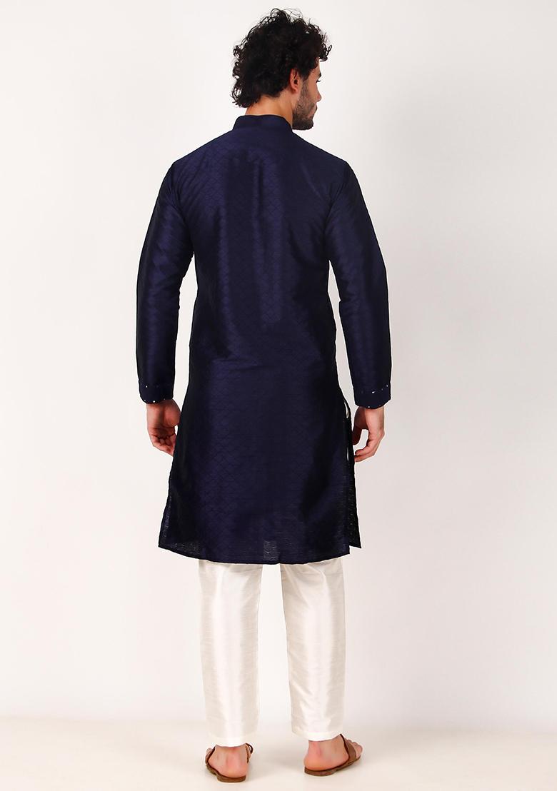 Navy Blue Mirror Work Art Silk Kurta Set For Men - Indya