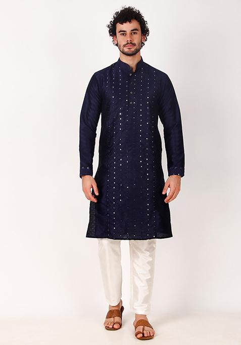 Navy Blue Mirror Work Art Silk Kurta Set For Men