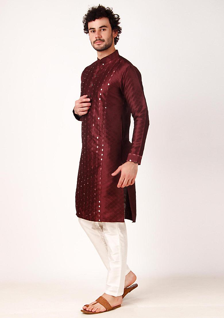 Maroon Mirror Work Art Silk Kurta Set For Men
