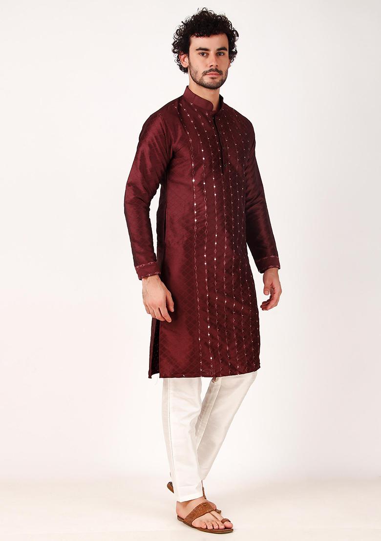 Maroon Mirror Work Art Silk Kurta Set For Men