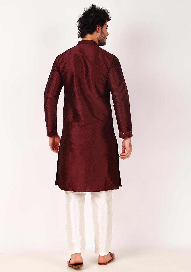 Maroon Mirror Work Art Silk Kurta Set For Men
