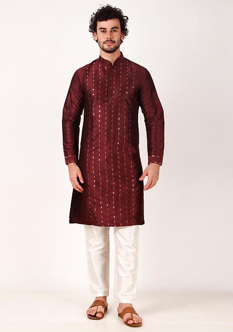 Maroon Mirror Work Art Silk Kurta Set For Men