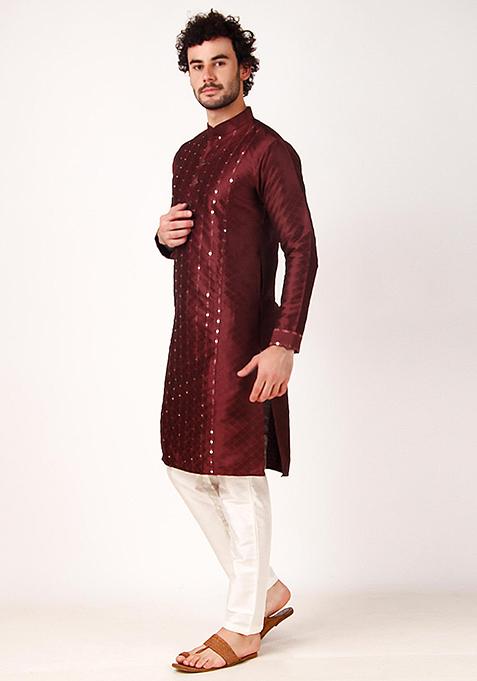 Maroon Mirror Work Art Silk Kurta Set For Men
