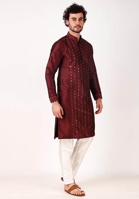 Maroon Mirror Work Art Silk Kurta Set For Men