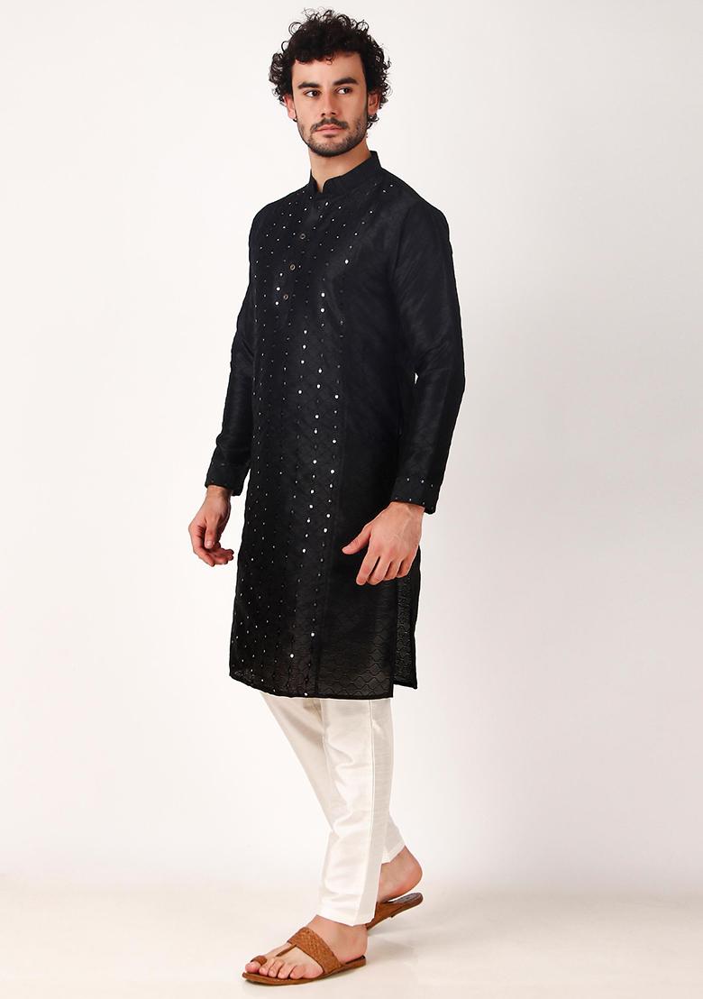 Black Mirror Work Art Silk Kurta Set For Men