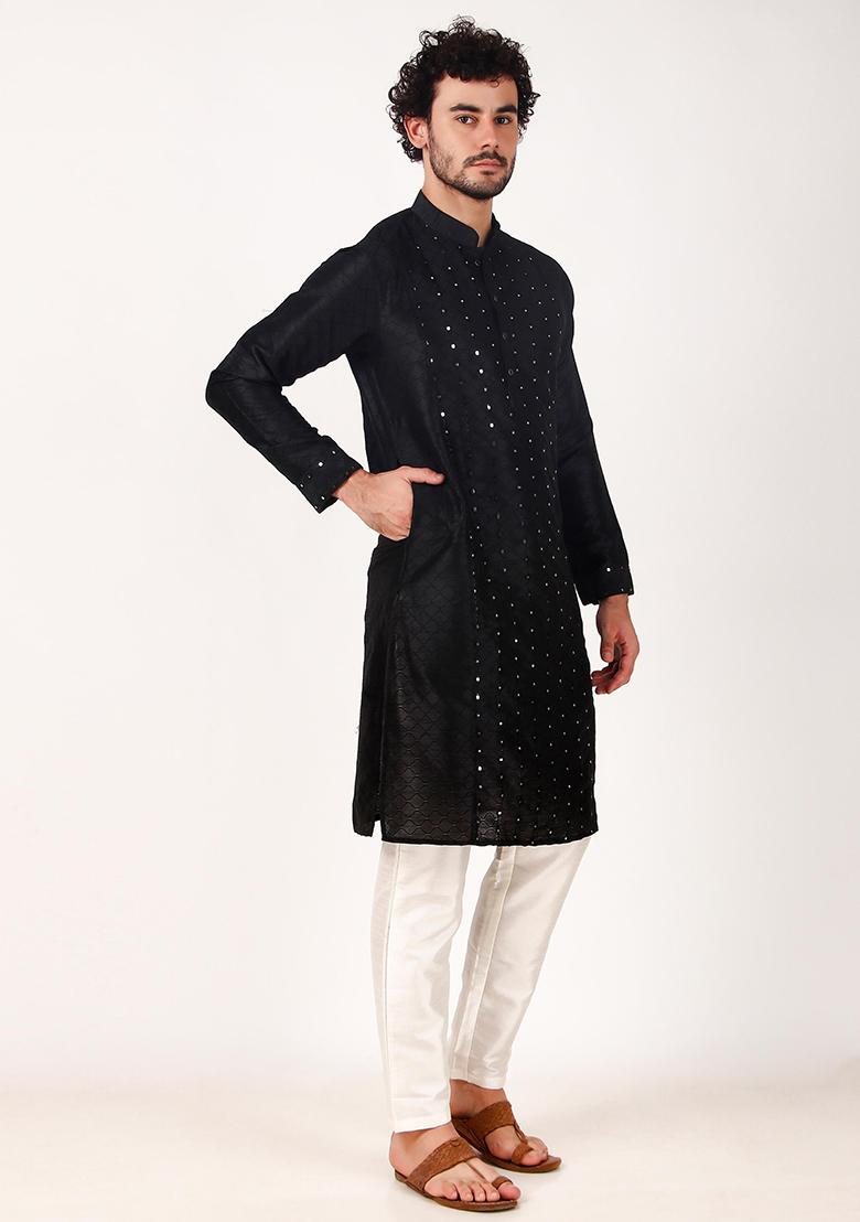 Black Mirror Work Art Silk Kurta Set For Men