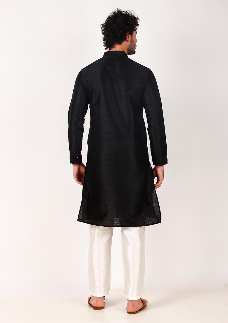 Black Mirror Work Art Silk Kurta Set For Men