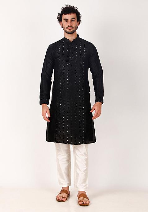 Black Mirror Work Art Silk Kurta Set For Men