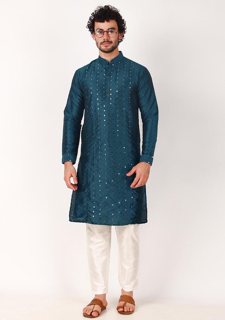 Teal Blue Mirror Work Art Silk Kurta Set For Men