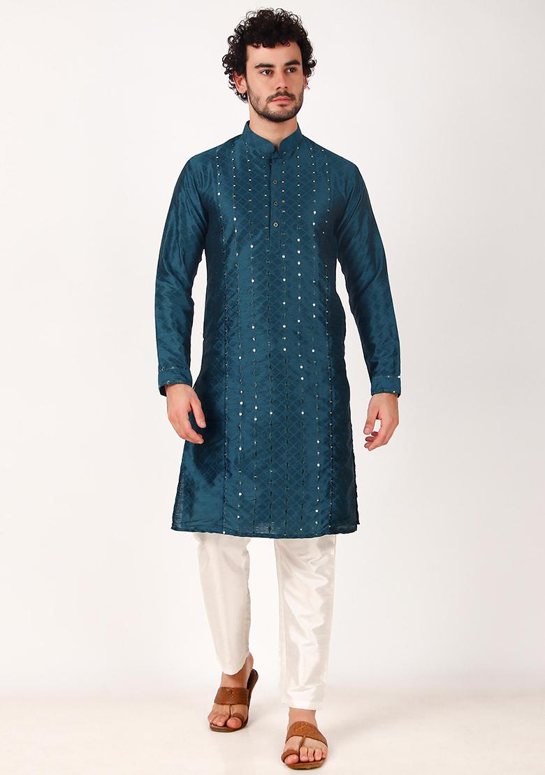 Teal Blue Mirror Work Art Silk Kurta Set For Men