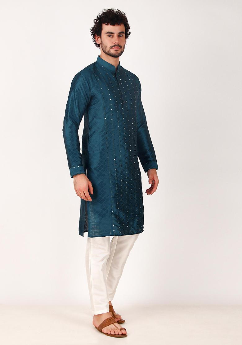 Teal Blue Mirror Work Art Silk Kurta Set For Men