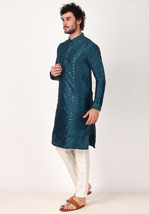 Teal Blue Mirror Work Art Silk Kurta Set For Men