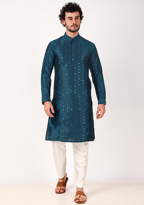Teal Blue Mirror Work Art Silk Kurta Set For Men