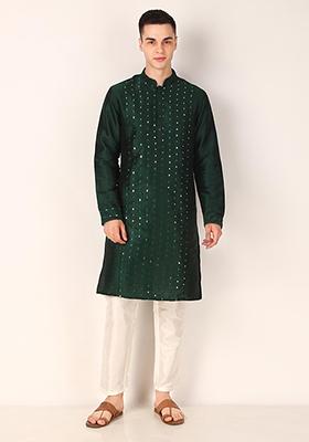 Green Mirror Work Art Silk Kurta Set For Men