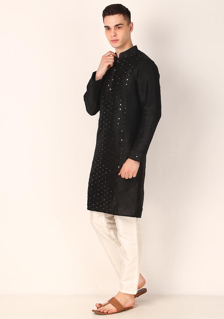 Black Mirror Work Art Silk Kurta Set For Men - Indya