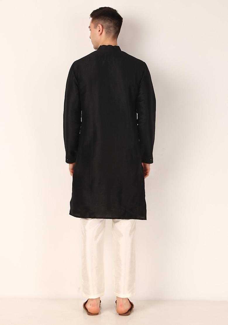 Black Mirror Work Art Silk Kurta Set For Men - Indya
