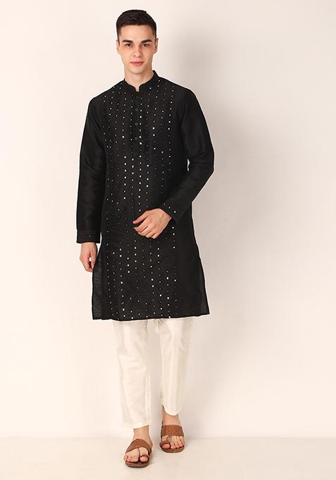 Black Mirror Work Art Silk Kurta Set For Men