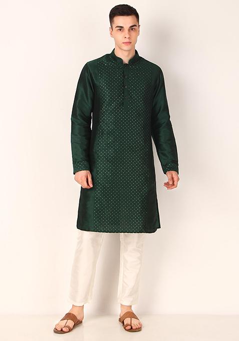 Green Sequin Embroidered Art Silk Kurta Set For Men