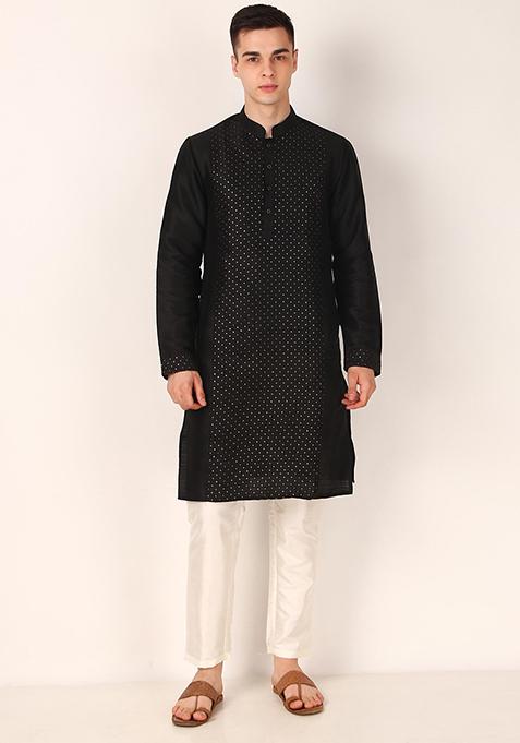 Black Sequin Embroidered Art Silk Kurta Set For Men