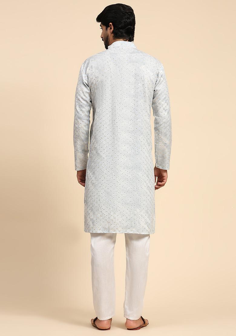 Blue Printed Cotton Kurta For Men