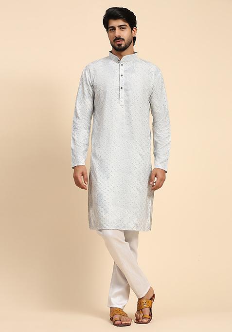 Blue Printed Cotton Kurta For Men