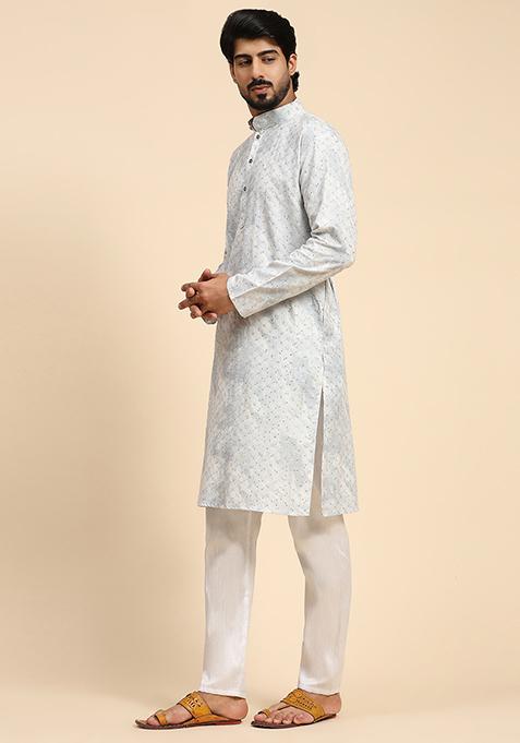 Blue Printed Cotton Kurta For Men