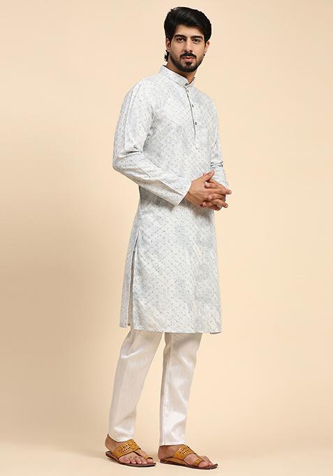 Blue Printed Cotton Kurta For Men