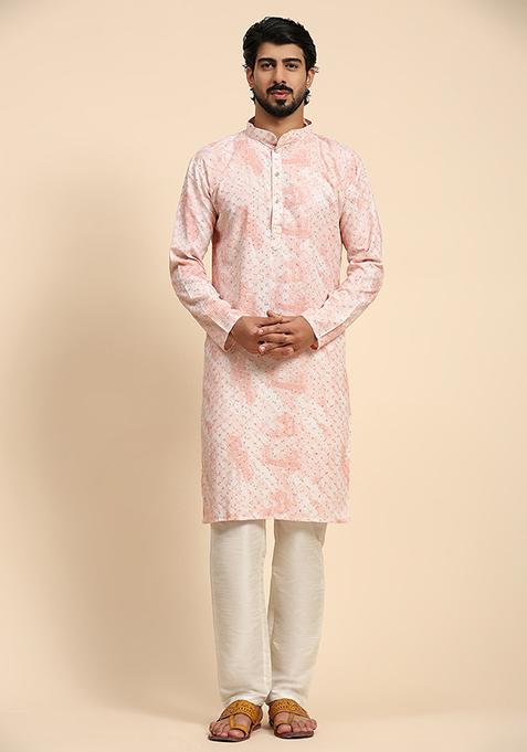 Pink Printed Cotton Kurta For Men