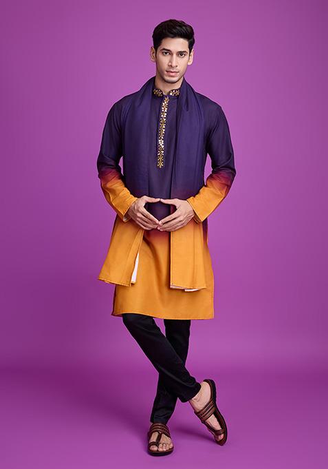 Purple Abstract Print Rayon Kurta Set For Men