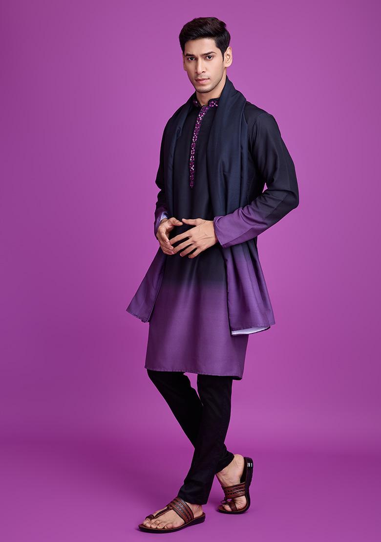 Black Abstract Print Rayon Kurta Set For Men - Indya