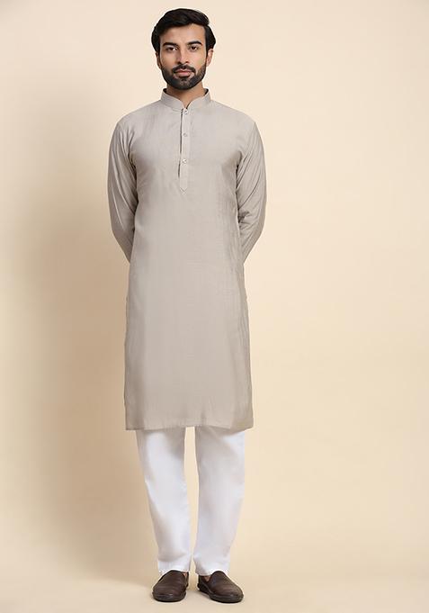 Grey Abstract Print Rayon Kurta Set For Men