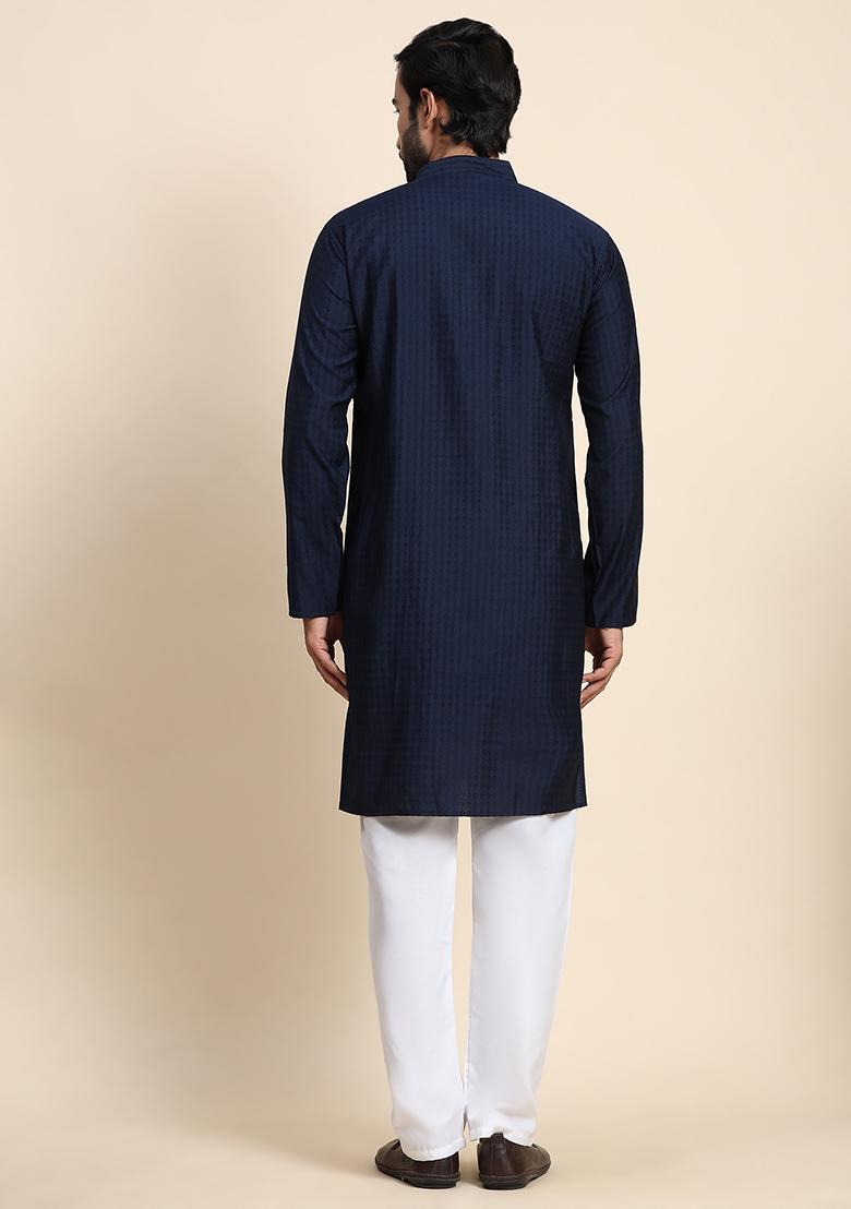 Navy Blue Abstract Print Rayon Kurta Set For Men - Indya