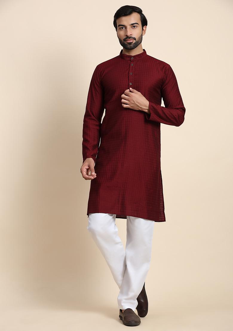 Maroon Abstract Print Rayon Kurta Set For Men