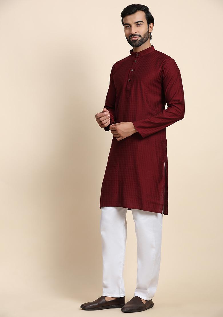 Maroon Abstract Print Rayon Kurta Set For Men