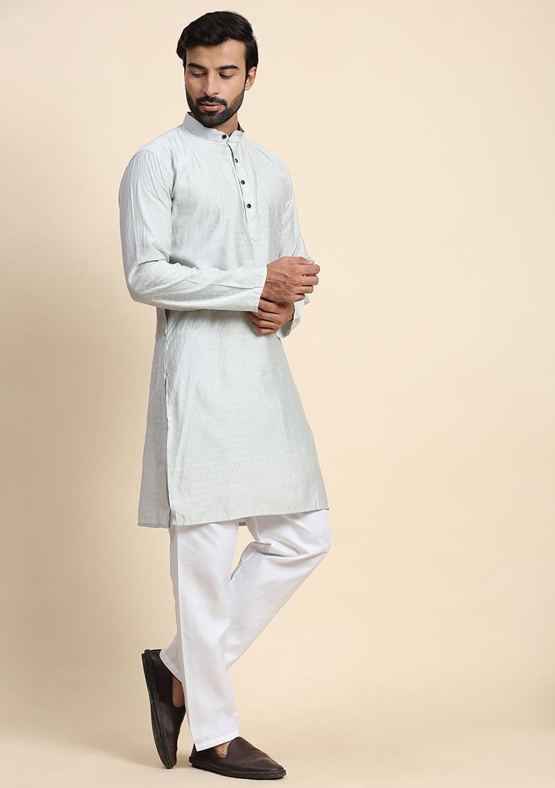 Light Grey Abstract Print Rayon Kurta Set For Men