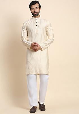 Cream Abstract Print Rayon Kurta Set For Men