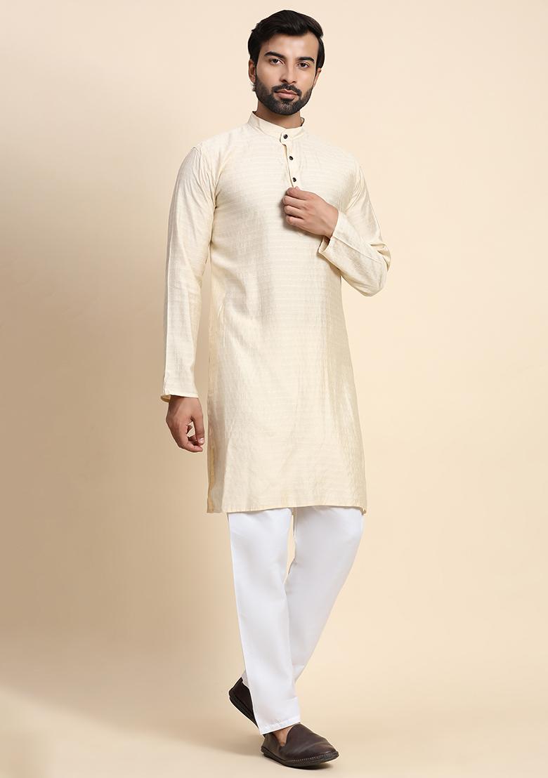 Cream Abstract Print Rayon Kurta Set For Men