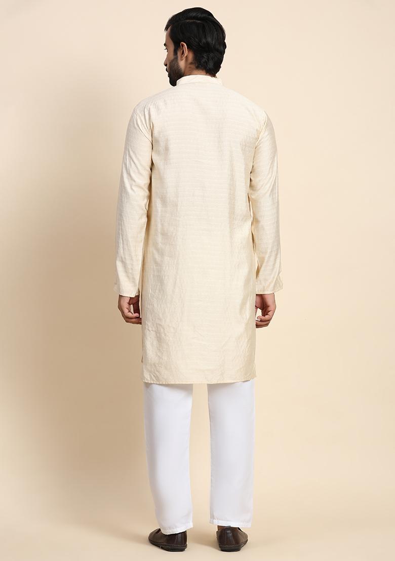 Cream Abstract Print Rayon Kurta Set For Men