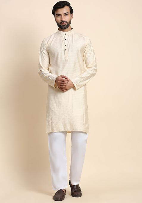 Cream Abstract Print Rayon Kurta Set For Men