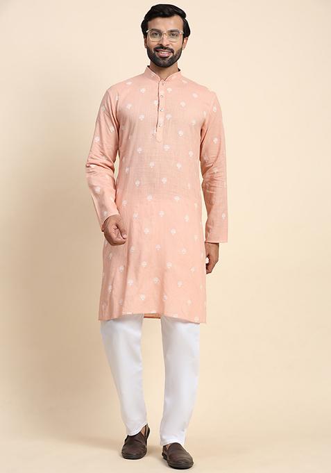 Peach Resham Embroidered Cotton Kurta Set For Men