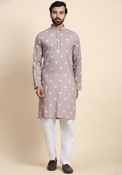 Mauve Resham Embroidered Cotton Kurta Set For Men