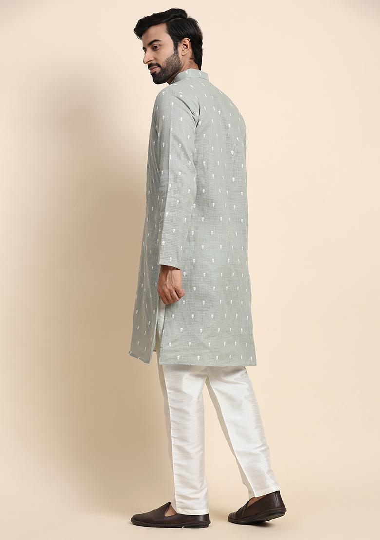 Green Resham Embroidered Cotton Kurta Set For Men - Indya