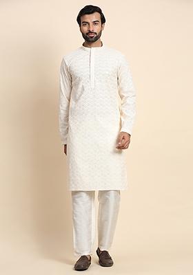 Cream Resham Embroidered Cotton Kurta Set For Men