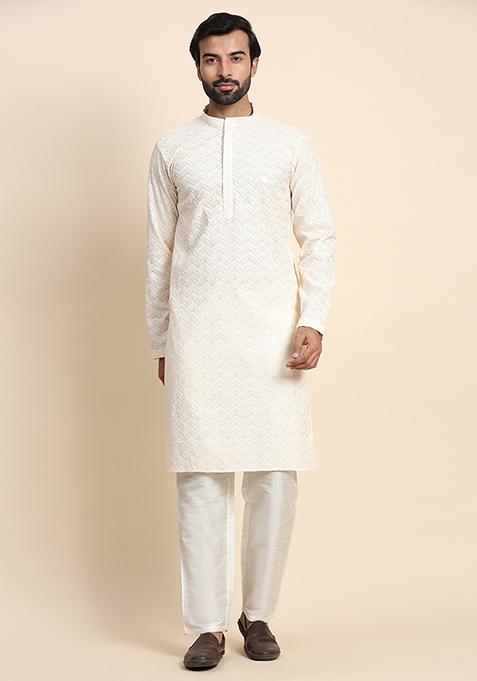 Cream Resham Embroidered Cotton Kurta Set For Men